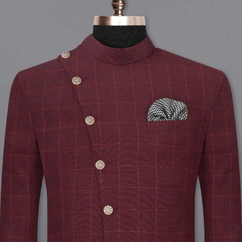 Big discounts – don’t miss out!  Maroon Oak Windowpane Cross Placket Bandhgala Windowpane Blazer